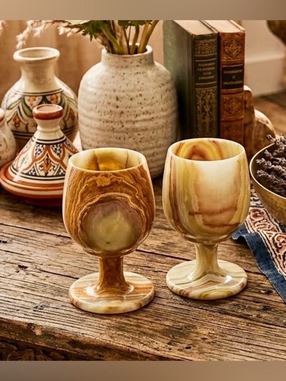 Vintage Hand-Carved Natural Banded Onyx Wine Goblets Chalice Set of 2